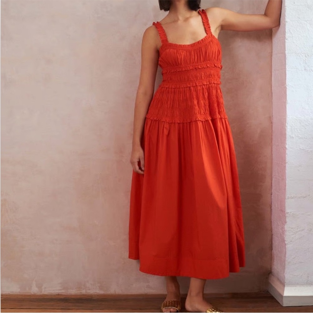 Doen Red Smocked Midi Dress - Picture 3 of 7
